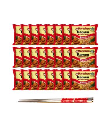 Ja Cor Instant Ramen Noodle Soup 0g Trans Fat Beef Flavor Noodles 3 oz. Bulk Pack Bundle with 1-Set of Reusable Stainless Steel Chopsticks(24 Individual Packs)
