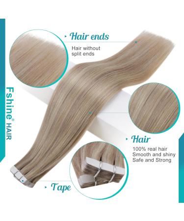 FSHINE 40cm Real Hair Tape Extensions - Ash Blonde Highlight 20 Remy Hair Pieces Invisible Adhesive #18P613 - Quality Bleaching Blonde Hair Extensions - Buy Online on GoSupps.com
