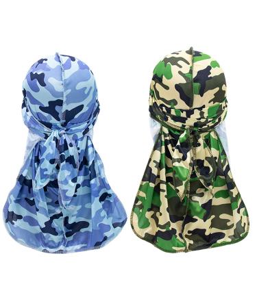 2 Pieces Camouflage Durag Caps  360 Waves Soft Silky Head Scarf Extra Long Tail Wide Straps Camouflage Durag for Women and Men (2)