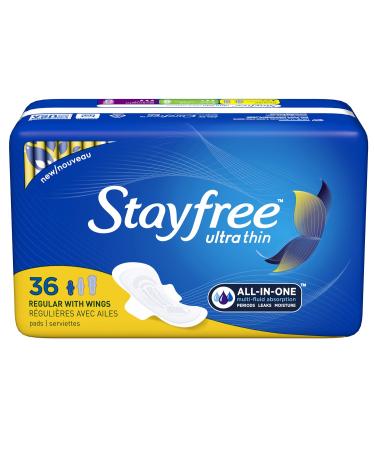 Stayfree Ultra Thin Regular Pads with Wings For Women, Reliable Protection and Absorbency of Feminine Moisture, Leaks and Periods, 36 count - Pack of 4 Regular with Wings 36 Count (Pack of 4)