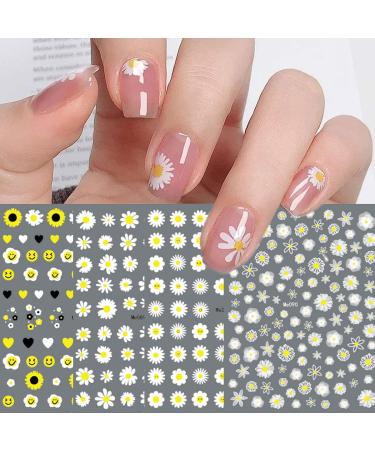 12 Sheets Daisy Sunflower Nail Art Stickers Decals Self Adhesive Cute Smile Face Spring Summer White Yellow Flowers Design Manicure Tips Nail Decoration for Women Girls Kids