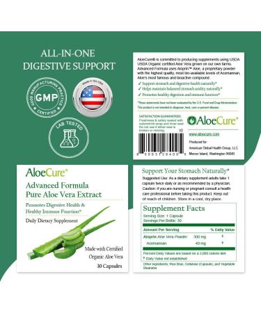 AloeCure Organic Aloe Vera Capsules 160 000mg Inner Aloe Leaf Equivalent per Serving Support Gut Digestive & Immune Health Helps Maintain Balanced Stomach Acidity Aloin Free 30Caps x 2Btl - Buy Online on GoSupps.com