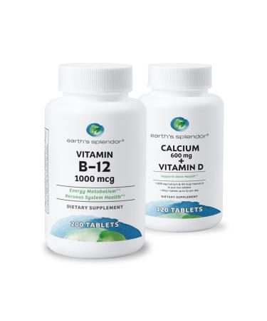Earth's Splendor Energy + Bone Support Energy Bundle: Vitamin B12 & Calcium+Vitamin D Bundle. Gluten Free No Artificial Flavors or Colors Helps Energy Metabolism & Bone Health