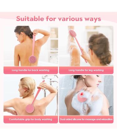 Long Handled Pink Silicone Body Scrubber for Women - Double Sided Scrub Brush with Hook - Buy Online on GoSupps.com