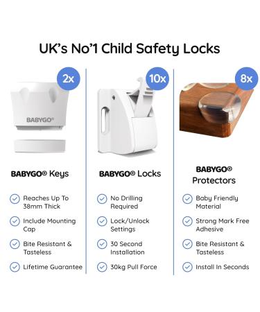 BabyGO Magnetic Cabinet Lock - 10 Locks + 8 Corner Protectors | Invisible Child Safety Solution for Closets & Drawers | White | International Shipping - Buy Online on GoSupps.com