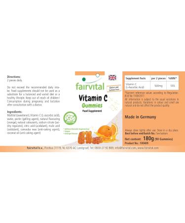 Fairvital | Gommes vitamine C - 90 pi ces - 500mg par jour - Saveur orange - Hautement dos es - 100% v g taliennes + sans sucre - Qualit contr l e et hautement dos es - Fabriqu es en allemagne - Buy Online on GoSupps.com