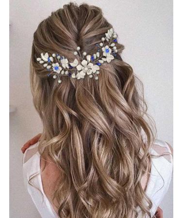 IYOU Pearl Wedding Hair Vine Blue Flower Hair Accessories Crystal Headband Prom Bridesmaid Bride Hair Piece for Women - Buy Online on GoSupps.com