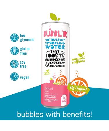 BUBBL'R Twisted Elix'r Antioxidant Sparkling Water with Natural Caffeine - 0g Sugar, Gluten Free, All Natural Flavors - 12 Fl Oz Cans, 12 Pack - Buy Online on GoSupps.com