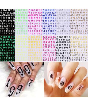 Letter Nail Art Stickers, Old English Nail Decals 3D Self-Adhesive Alphabet Number Nail Stickers Holographic Letter Nail Design Manicure DIY Nail Decoration for Women Girls (12 Sheets)