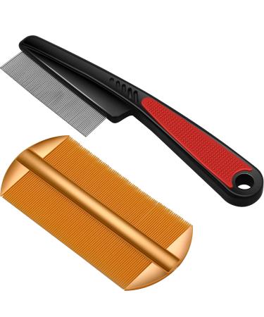 2 Pcs Flea Comb Pet Comb for Dogs and Cats Dematting Comb Fine-Toothed Grooming Combs Remove Fleas Lice Dandruff Mats and Tangled Hair(Red and orange)