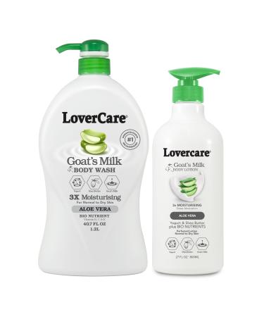 Lovercare Goat Milk Body Lotion for Dry Skin Aloe Vera 27.05oz (800ml) - Combo Body Lotion & Body Wash