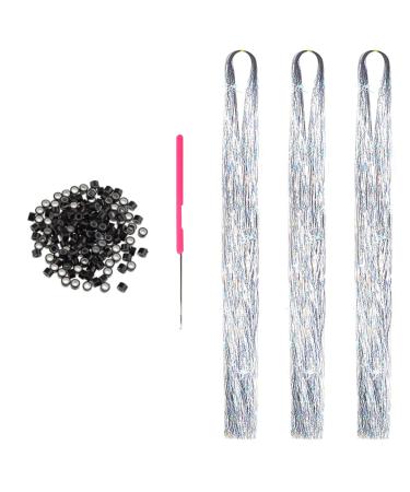 Hair Tinsel Extensions 600 Strands with Tools Sparkling Shiny Hair Tinsel Kit Heat Resistant Glitter Tinsel Hair Extensions for Women Girls 48 Inch 600 strands silver