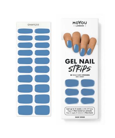 MOYOU LONDON Semi-Cured UV Gel Strips - 20 Pieces - Gel Nail Foils UV Curing for Salon Quality Manicure - Basic Denim