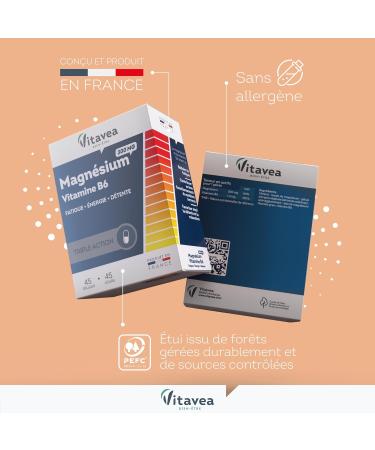 VITAVEA WELL-BEING - Magnesium 300 mg Vitamin B6 - Food Supplement Fatigue Relaxation Energy Relaxation Nervous Balance - Magnesium B6-45 capsules - 45 days cure - Made in France - Buy Online on GoSupps.com