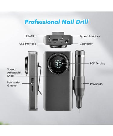 ROVLAK Electric Nail File 35000RPM Professional Electric Nail Cutter Rechargeable Cordless Pedicure Manicure Set with LED Display for Acrylic Gel and Cuticle Removal - Buy Online on GoSupps.com