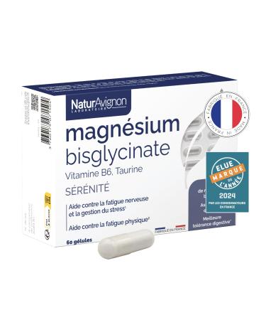 NaturAvignon Laboratory Magnesium Bisglycinate + Taurine + Vitamin B6 | High Absorption Superior to Marine Magnesium | Nervous & Physical Fatigue Stress | Made in France | 60 Capsules (1 Month)