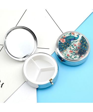 Round Peacock Flowers Print Pill Box - 3 Compartment Decorative Metal Organizer for Travel & Daily Use - Buy Online on GoSupps.com