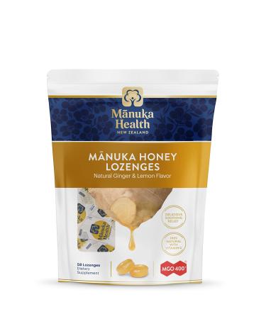 Manuka Health, MGO 400+ Manuka Honey Lozenges with Lemon & Ginger, 58 lozenges, 8.8 oz, 100% Natural with Vitamin C Lemon & Ginger 58 Count (Pack of 1)