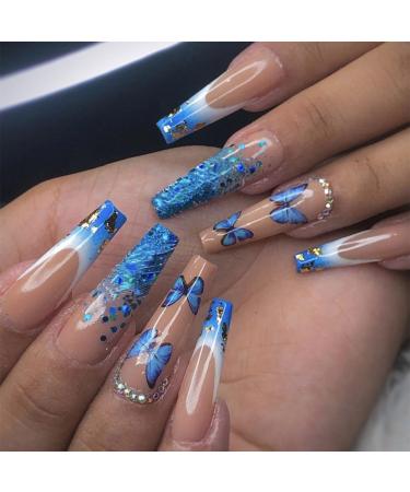 24Pcs/Set Press On Nails Blue Butterfly Sparkling Diamond Long Ballet False Nails Acrylic Fake Nails Full Cover Nails Tips Artificial Finger Manicure Press on nails for Women and Girls