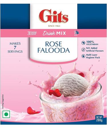 Gits Falooda Mix Rose Drink Mix 200g - Delicious Beverage-Cum-Dessert with Vermicelli Sweet Basil (Sabja Seeds) and Rose Flavour - Ready in 3 Easy Steps Drink Mix Makes 7 Servings (Pack of 5) - Buy Online on GoSupps.com