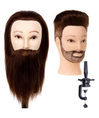 Stancia Male Mannequin Head,Training Head with 100% Human Hair,14” Barber Mannequin Head, Hairdresser Manikin Head, Training Doll Head for Hair Styling and Practice(with Beard,Dark Brown) #4 dark brown 14 Inch (Pack of 1)