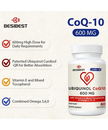 Besibest Ubiquinol CoQ10-600mg Softgel Supplement with Vitamin E & Omega 3 6 9 - High Absorption Coenzyme-Q10 for Energy Production - 120 Count (Pack of 2) - Buy Online on GoSupps.com