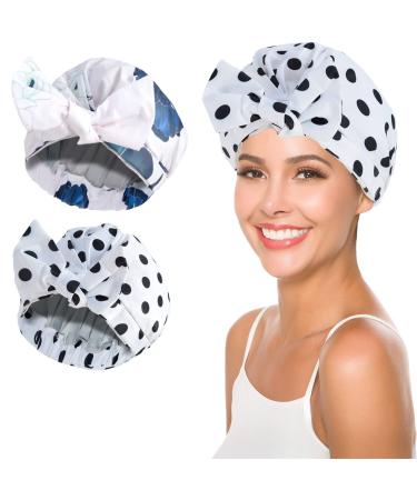2 PCS Shower Caps for Women Resuable Waterproof Adjustable Shower Caps with Bowknot Hair Bath Cap for Natural Hair White & Black