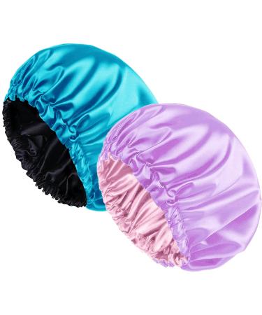 Silk Satin Bonnet Adjustable Double-layer Reversible Shower Cap Soft and Comfortable Silk Hair Cap Bonnet for Sleeping Pack of 2(Blue-Purple)