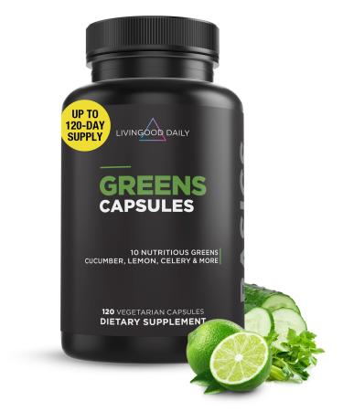 Livingood Daily Greens Capsules Super Greens Supplement with Spirulina Chlorella Broccoli Spinach Celery Lemon & More Plant Based for Digestion & Gut Health Non GMO Vegetarian 120 Ct