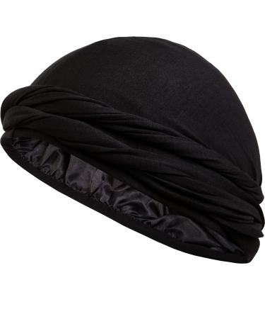 Silk Satin Lined Turban Head Wrap Pre-Tied Skull Cap for Men and Women, Sleeping Bonnet Hair Cover Soft Bamboo Outer Material Medium Black