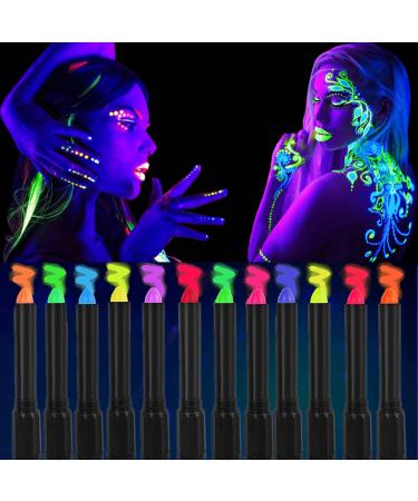 12 Colors Glow Face Body Paint, UV Crayons Makeup Glow in The Black Light Body Paints for Kids Adult, Fluorescent Neon Face Painting Kit for Birthday Party Halloween Masquerade Makeup Outdoor