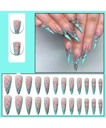 JUSTOTRY 24 Pcs Flower Stiletto Fake Nails Long Green French Press on Nails | Almond Stick on Nails for Women | Acrylic Extra Long False Nails with Glue for Nail Art - Buy Online on GoSupps.com