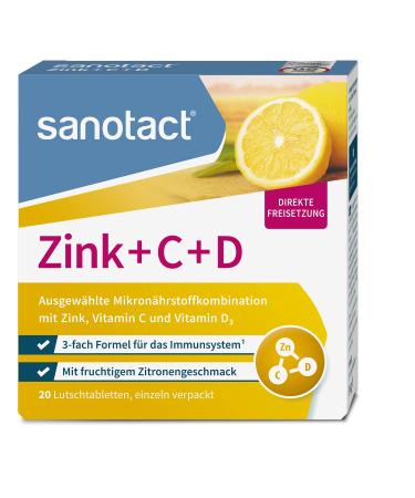 Sanotact zinc + C + D (20 lollipops) Zinc tablets with vitamin C & vitamin D3 3-way formula for immune system Immune vitamins zinc lozenges fruity lemon flavor 20 pieces (1 Pack)