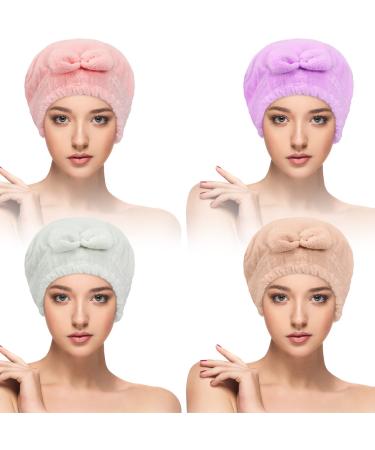 4 Pcs Microfiber Hair Drying Towels Fast Drying Shower Cap Ultra Absorbent Hair Turban Head Wrap with Bow Knot Plopping Towel for Women for Curly Long Thick Wet Hair
