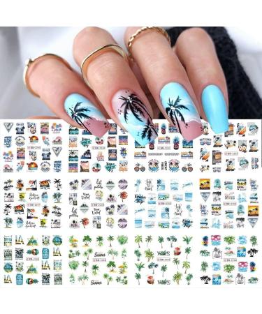 Summer Nail Art Stickers Water Transfer Decals with Coconut Tree Ocean Beach Design Summer Nail Art Supplies Fashion Nail Stickers Foils for Women Manicure Tips Decorations Kit 12 Sheets