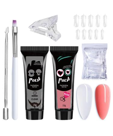 DMQ Poly Gel Nail Kit 2 Colour Builder Gel for Nails Clear Nude Nail Extension Gel Starter Kit with Nail Form Nail Brush Cuticle Remover Nail Strengthen Nail Gel Kit DIY for Beginners Clear & Nude Set