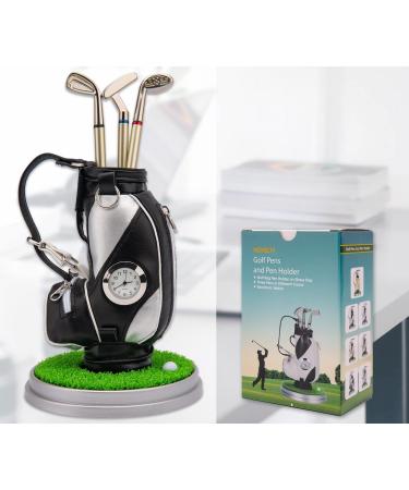 Golf Bag Pen Holder with Golf Pens Clock 3 Pieces Golf Club Pens Set, Mini Desktop Golf Bag Pen Holder for Golfer Fans Coworker Golf Souvenir Novelty Gifts Event Souvenir