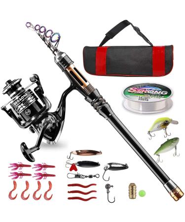 BlueFire Fishing Rod Kit, Carbon Fiber Telescopic Fishing Pole and Reel Combo with Spinning Reel, Line, Lure, Hooks and Carrier Bag, Fishing Gear Set for Beginner Adults Saltwater Freshwater 2.1M