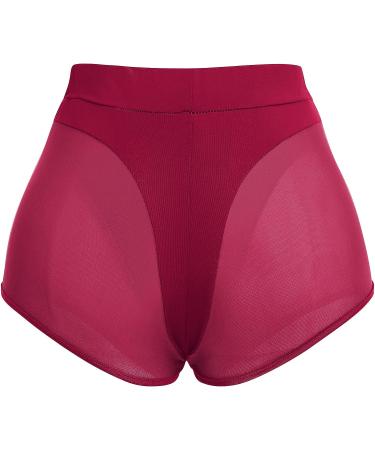Women High Waist Mesh Tulle Spliced Yoga Shorts in Wine Red - Medium - Buy Online on GoSupps.com