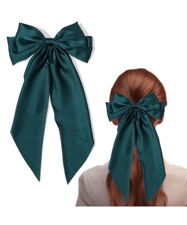 ZhongShuang Green Hair Bow Green Big Hair Bows for Women Solid Color Bow Hair Clips with Long Ribbon French Barrette Clip Soft Satin Silky Hair Bows Cute Gifts for Women Girls