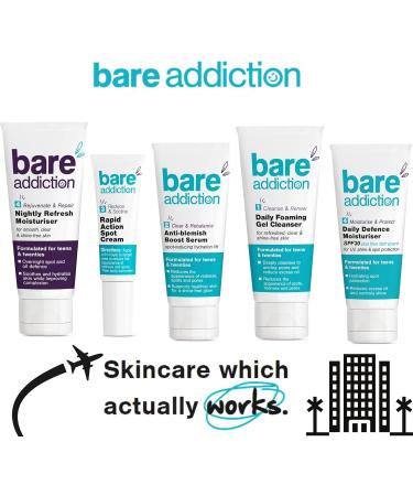 Bare Addiction Travel Size Skincare Moisturiser Cleanser Serum and Spot Cream Starter Kit: Daily Foaming Cleanser & Anti Blemish Boost Serum - Buy Online on GoSupps.com