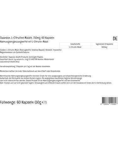 Swanson L-Citrulline Malate 750mg - High Strength, Lab Tested, 60 Capsules - Non-GMO, Soy Free, Gluten Free - Buy Online on GoSupps.com