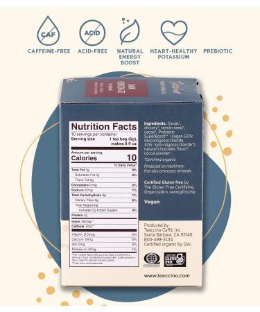 Buy Teeccino Organic Dark Chocolate Herbal Tea - Caffeine Free Prebiotic - 10 Tea Bags (60g) - Buy Online on GoSupps.com