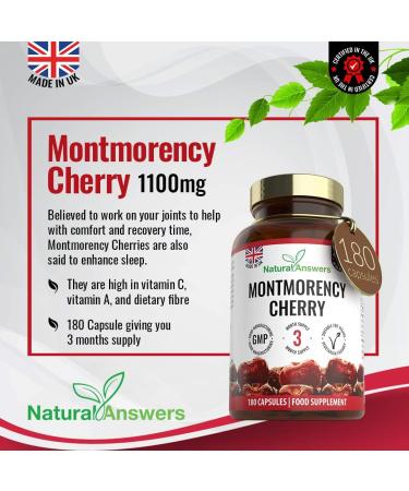 180 Montmorency Cherry Vegan Friendly Capsules High Strength 1100mg Montmorency Cherries UK Manufactured to GMP Standards by Natural Answers 180 Count (Pack of 1) - Buy Online on GoSupps.com