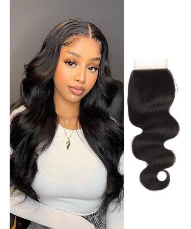 Body Wave Closure 14 Inch 4x4 HD Lace Closure Human Hair Free Part Lace Closure 100% Unprocessed Brazilian Virgin Human Hair Extensions 150% Density Remy Human Hair Pre Plucked Natural Black Wavy Closure 14 inch