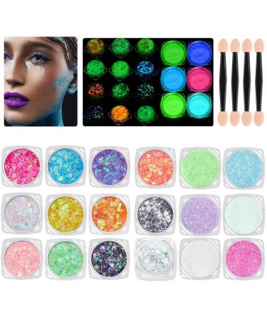 18 Colors Glow in The Dark Face Body Glitter Gel  Luminous Iridescent Glitter for Eye Lip Nail Hair  Self-Adhesive UV Holographic Face Glitter Gel Halloween Christmas Party Makeup (18 Colors)