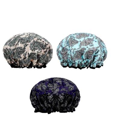 KissDate 3 Packs Double Layer Satin Shower Cap Waterproof Reusable Elastic Bath Cap for Women Long Hair Shower Spa Salon Accessories