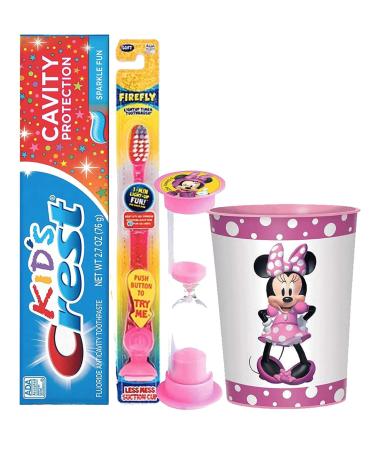 Girl Themed Licensed 4pc Bright Smile Oral Hygiene Bundles! Light Up Toothbrush, Toothpaste, Brushing Timer & Mouthwash Rinse Cup! Plus Dental Gift Bag & Tooth Saver Necklace!  (Minnie Mouse)