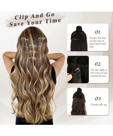 BARSDAR Clip In Extensions - 5 PCs Long Wavy Synthetic Hair 45 cm Toffee Brown with Gold Blonde Highlights for Women & Girls - Buy Online on GoSupps.com
