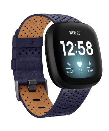 YILED Leather Bands Compatible with Fitbit Sense and Fitbit Versa 3 for Women Men, Classic Genuine Leather Wristband for Fitbit Versa 3/Sense Smart Watch Large Navy Blue